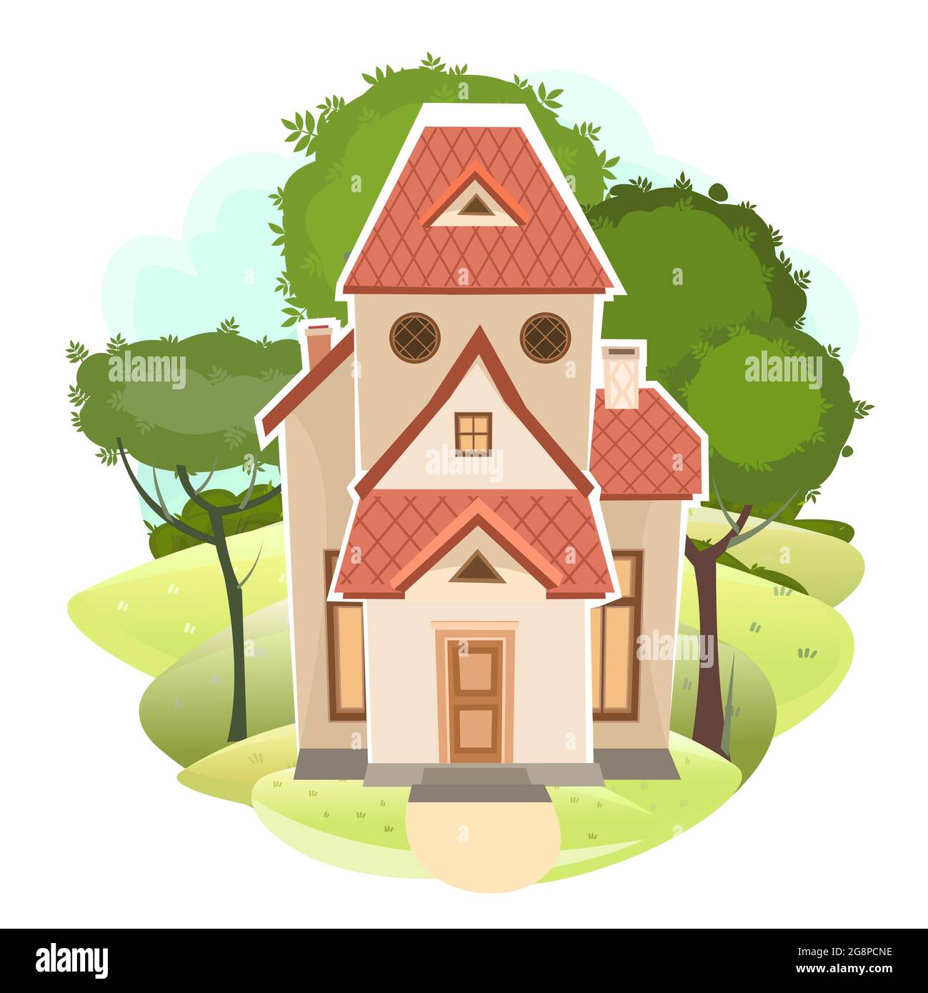 Cartoon house in the meadow. Trees. Cozy rustic dwelling in a ...