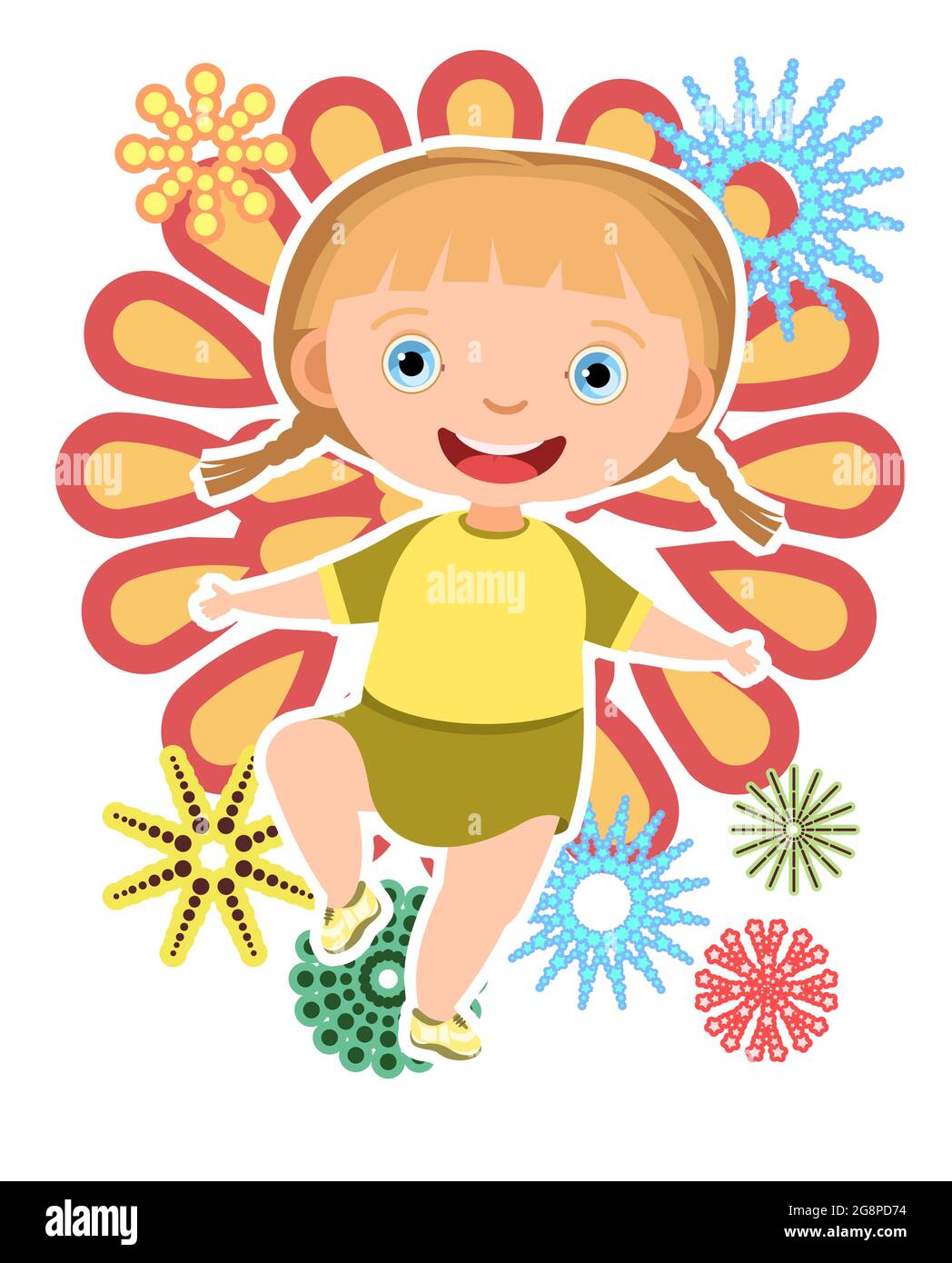 Child with salute. Little girl. In yellow clothes. Fireworks at birthday party. Kid is jumping for joy at party. Charming active cute character kid Stock Vector