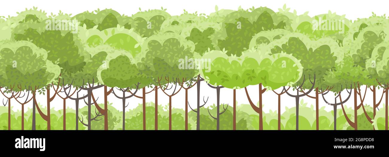 Thin young trees and bushes. Forest. level green rural hills. A beautiful and graceful landscape. Seamless, Isolated on white background. Flat style Stock Vector