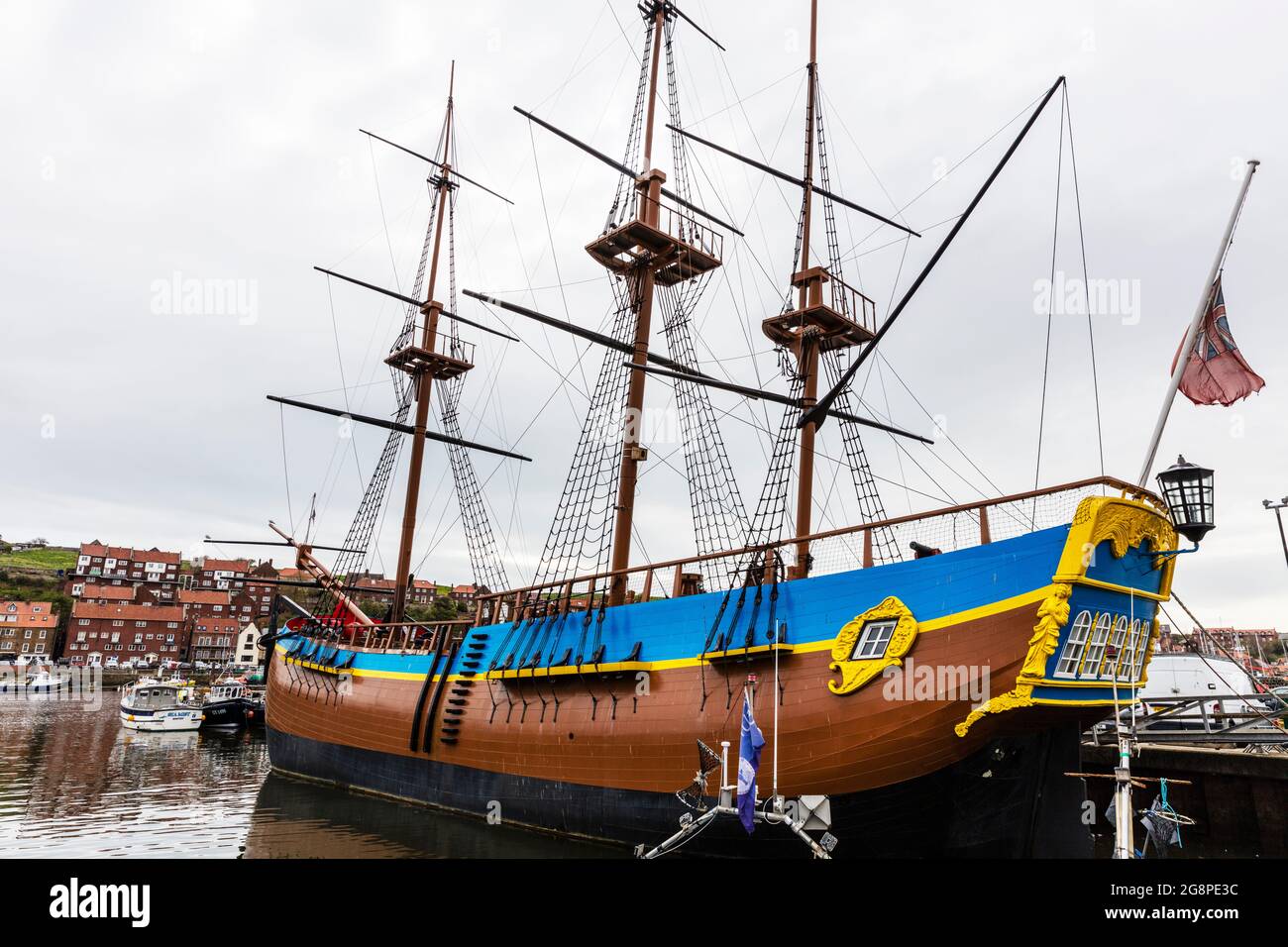 the Endeavour,the Endeavour experience,Whitby Town, Yorkshire, UK, England, It sailed around the world in the 1700s, Endeavour ship, Endeavour Whitby Stock Photo