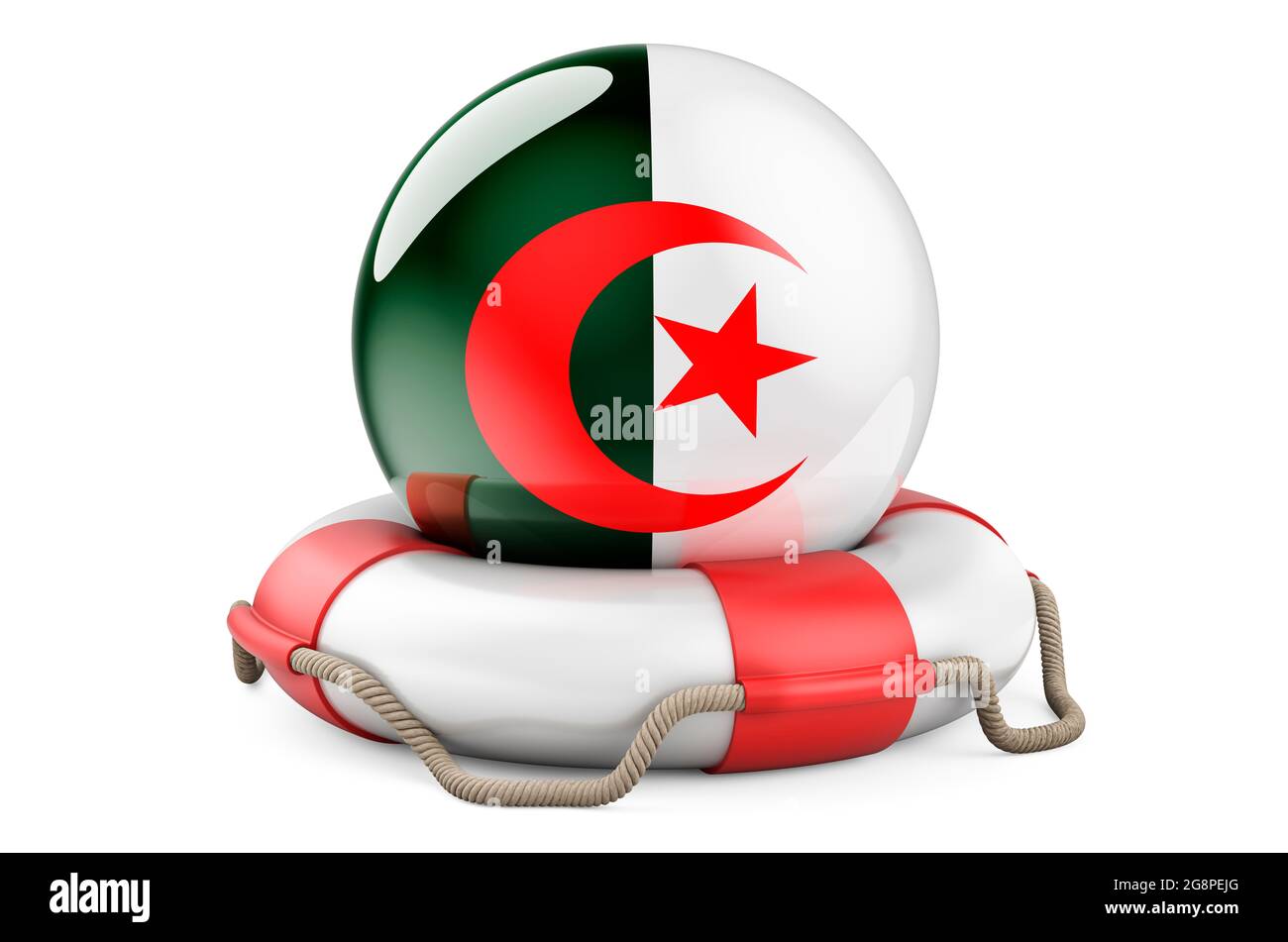 Lifebelt with Algerian flag. Safe, help and protect of Algeria concept. 3D rendering isolated on white background Stock Photo