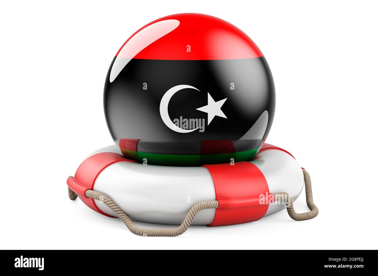 Lifebelt with Libyan flag. Safe, help and protect of Libya concept. 3D rendering isolated on