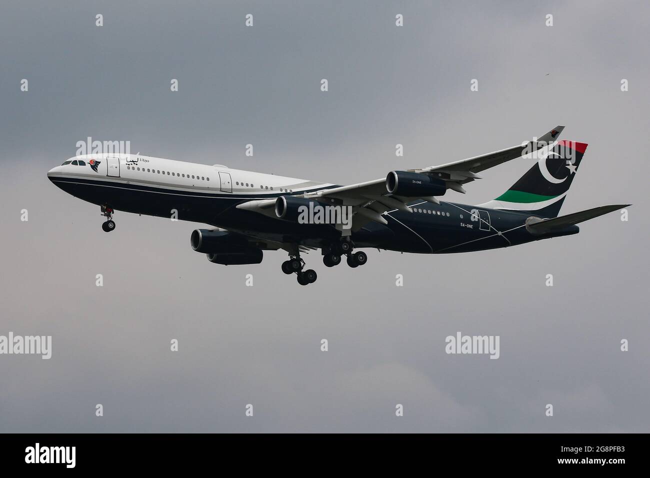 An Airbus A340 operated by the Government of Libya arrives at London Heathrow Airport Stock Photo