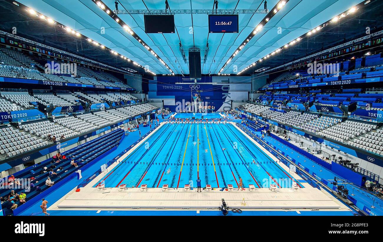 Tokyo, Japan. 22nd July, 2021. A general view of the aquatics center, venue  of swimming, diving and artistic swimming during the Tokyo 2020 Olympic  Games on July 22, 2021 in Tokyo, Japan
