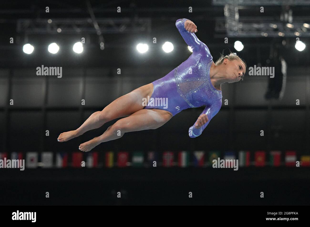 Tokyo, Japan. 22nd July, 2021. United States Gymnast Mykayla Skinner practices her dismount on the balance beam at Ariake Gymnastics Centre before the start of the Tokyo Olympic Games in Tokyo, Japan, on Thursday July 22, 2021. Photo by Richard Ellis/UPI. Credit: UPI/Alamy Live News Stock Photo