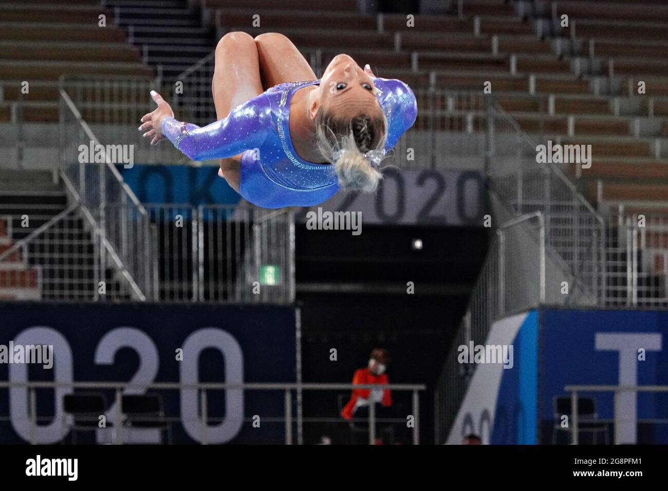 Tokyo, Japan. 22nd July, 2021. United States Gymnast Mykayla Skinner practices her routine on the balance beam at Ariake Gymnastics Centre before the start of the Tokyo Olympic Games in Tokyo, Japan, on Thursday July 22, 2021. Photo by Richard Ellis/UPI. Credit: UPI/Alamy Live News Stock Photo