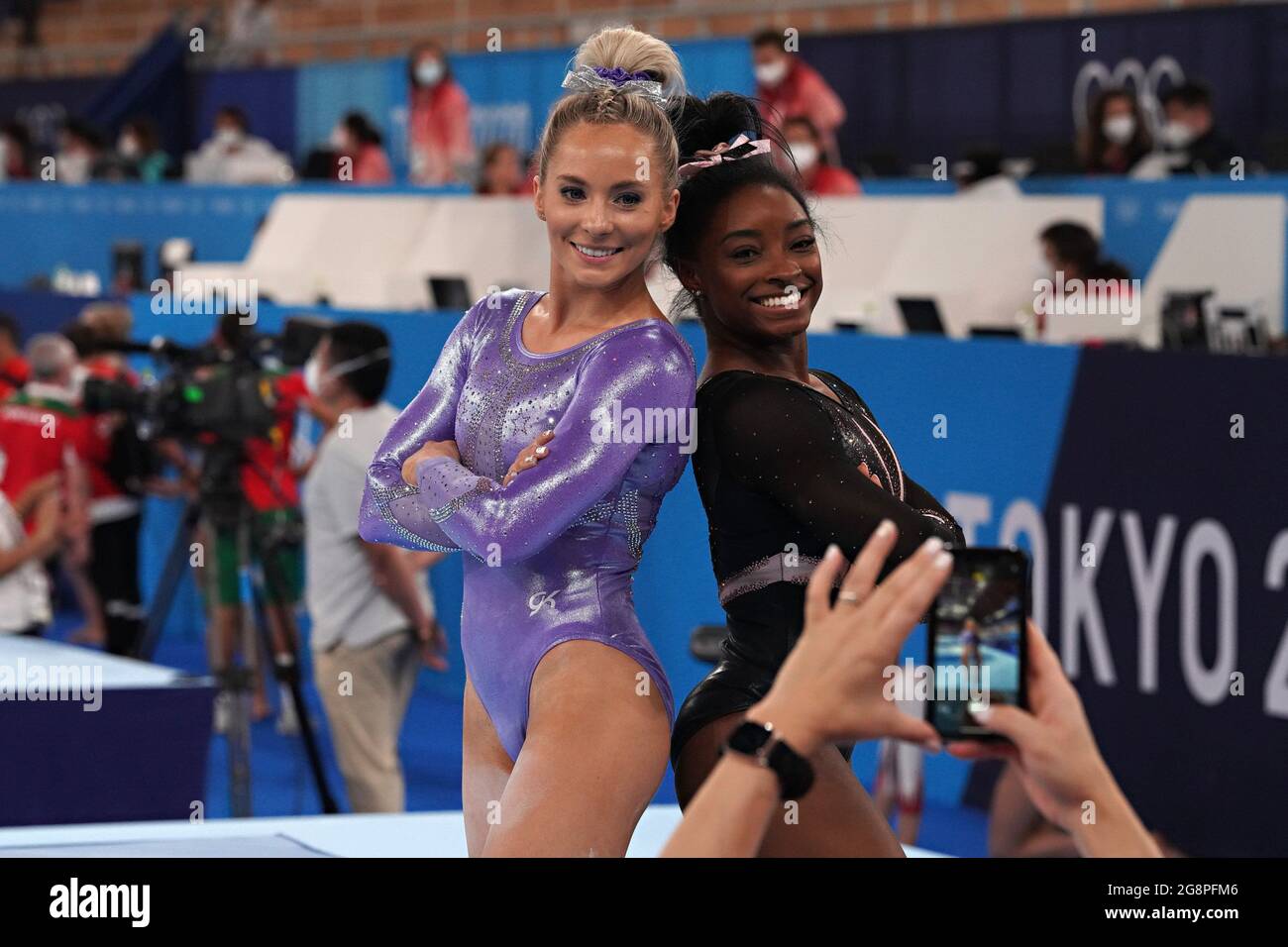 Tokyo, Japan. 22nd July, 2021. United States Women's Gymnastic teammates Simone Biles, right, and Mykayla Skinner, pose together after their practice session at Ariake Gymnastics Centre before the start of the Tokyo Olympic Games in Tokyo, Japan, on Thursday July 22, 2021. Photo by Richard Ellis/UPI. Credit: UPI/Alamy Live News Stock Photo