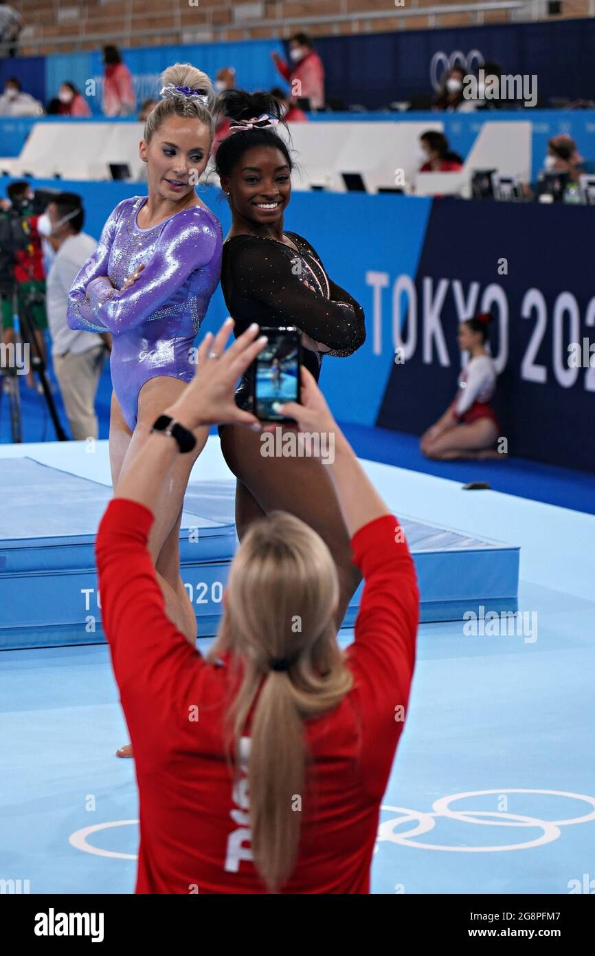 Tokyo, Japan. 22nd July, 2021. United States Women's Gymnastic teammates Simone Biles, right, and Mykayla Skinner, pose together after their practice session at Ariake Gymnastics Centre before the start of the Tokyo Olympic Games in Tokyo, Japan, on Thursday July 22, 2021. Photo by Richard Ellis/UPI. Credit: UPI/Alamy Live News Stock Photo