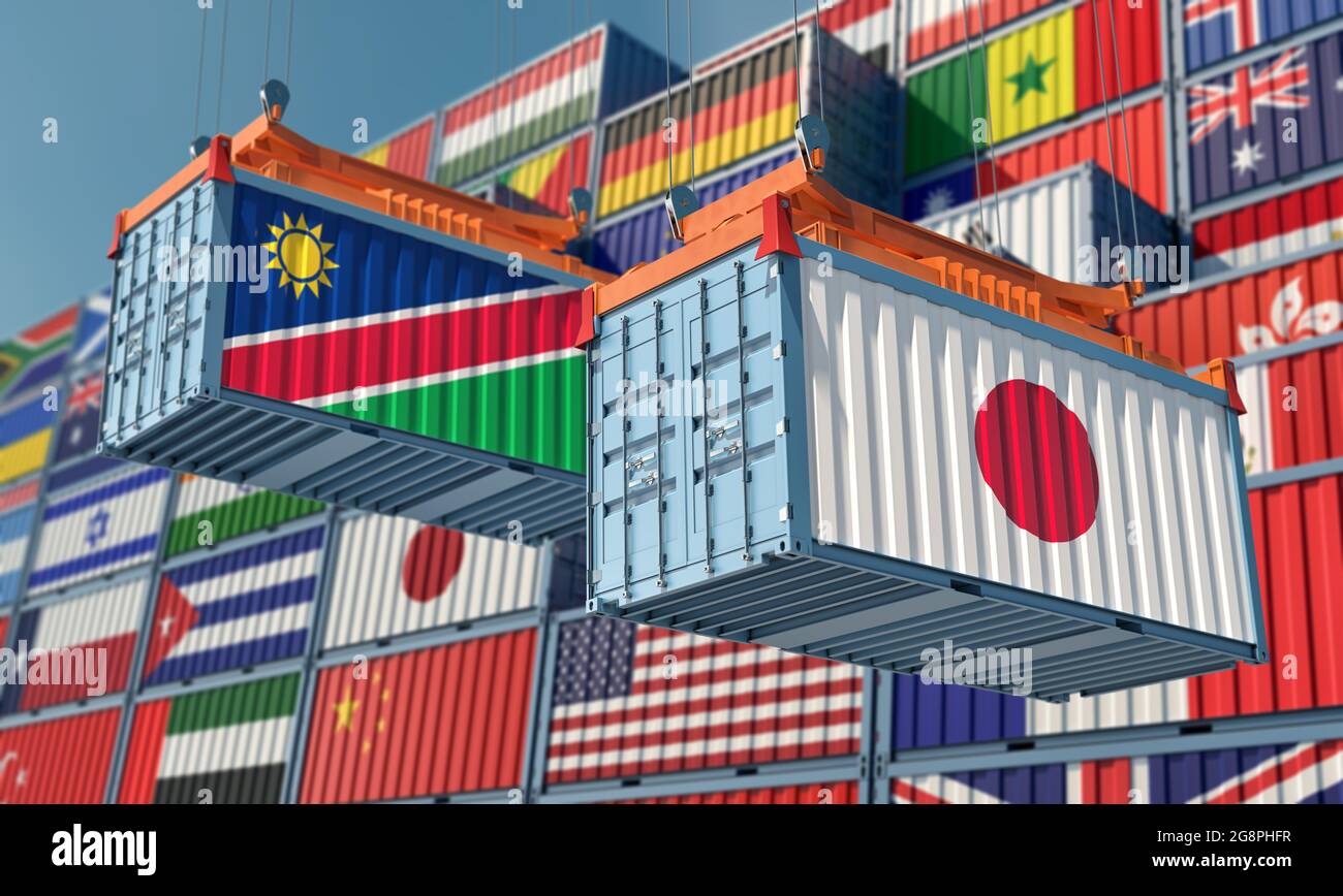 Freight containers with Namibia and Japan flag. 3D Rendering Stock ...