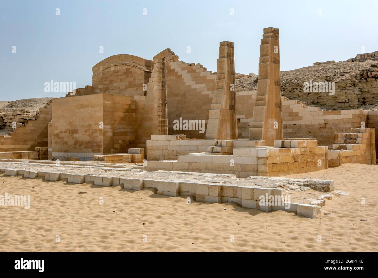 The ruins of Heb-Seb Court as seen from the Great South Court at the Step Pyramid of Saqqara (Pyramid of Djoser). Stock Photo