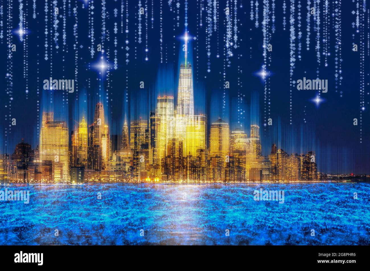 Smart City Technology and connection of New York ityscape river side at twilight time, USA, Taking from New Jersey, Cyberpunk color tone, Technology n Stock Photo