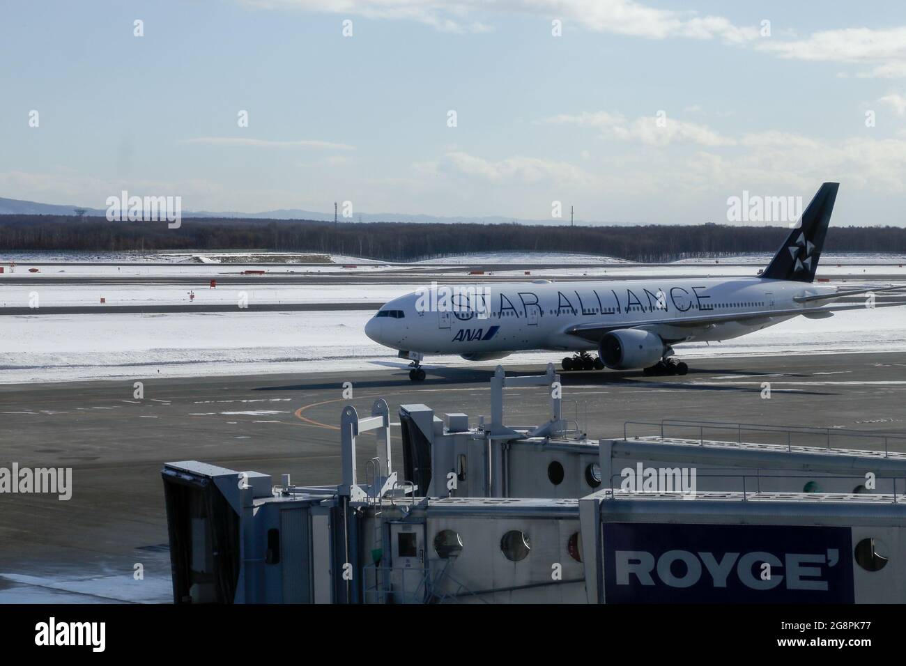 New Chitose, Hokkaido, Japan-December 21, 2017: Airplane stop for support service and transfer passenger, this picture was capture at airport waiting Stock Photo