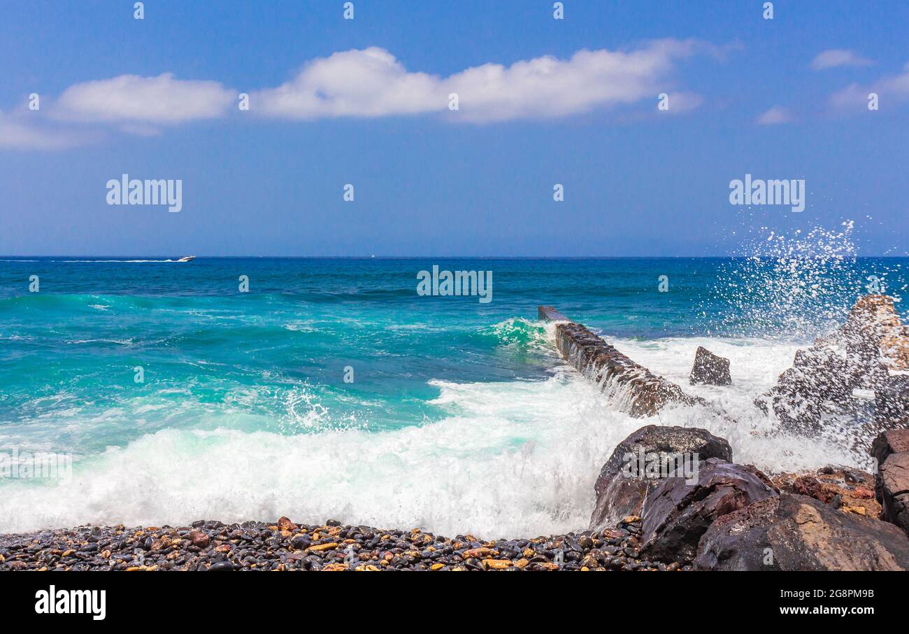 Landscape and beach promenade panorama of Playa de las Americas of Canary Spanish island