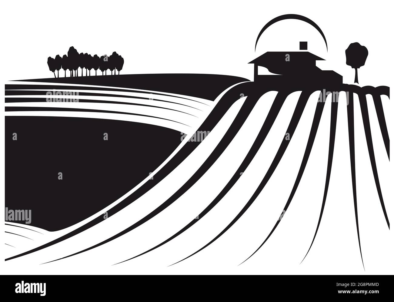 Fields and barn in black and white. Stock Vector