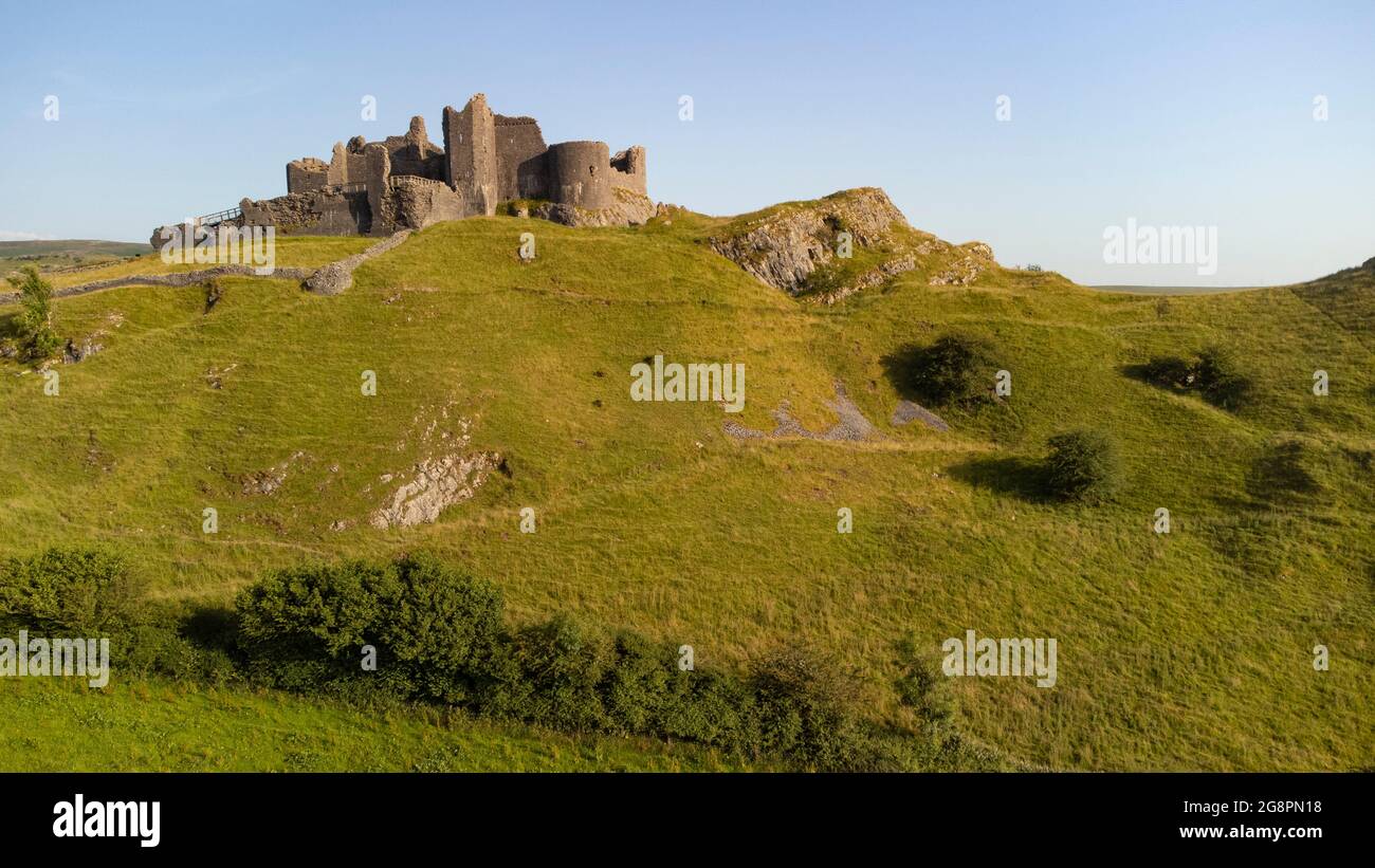 Aerial view of Carreg Cennen Castle, (Castell Carreg Cennen), near Llandeilo, Carmarthenshire,Wales, UK. Stock Photo