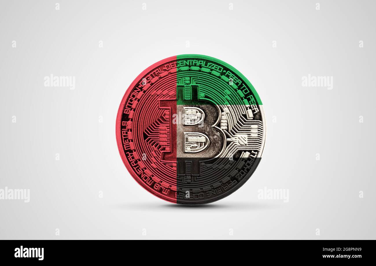 UAE flag on a bitcoin cryptocurrency coin. 3D Rendering Stock Photo
