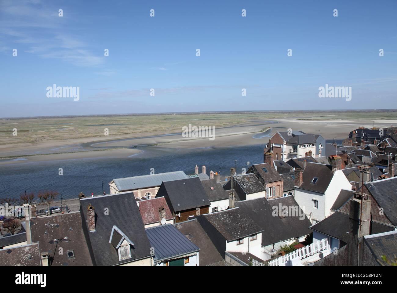 Overlooking the marshes, site of important migratory bird sanctuary, estuary of St Valery-sur-Somme from the village rooftops, Somme Bay, Picardy, France Stock Photo