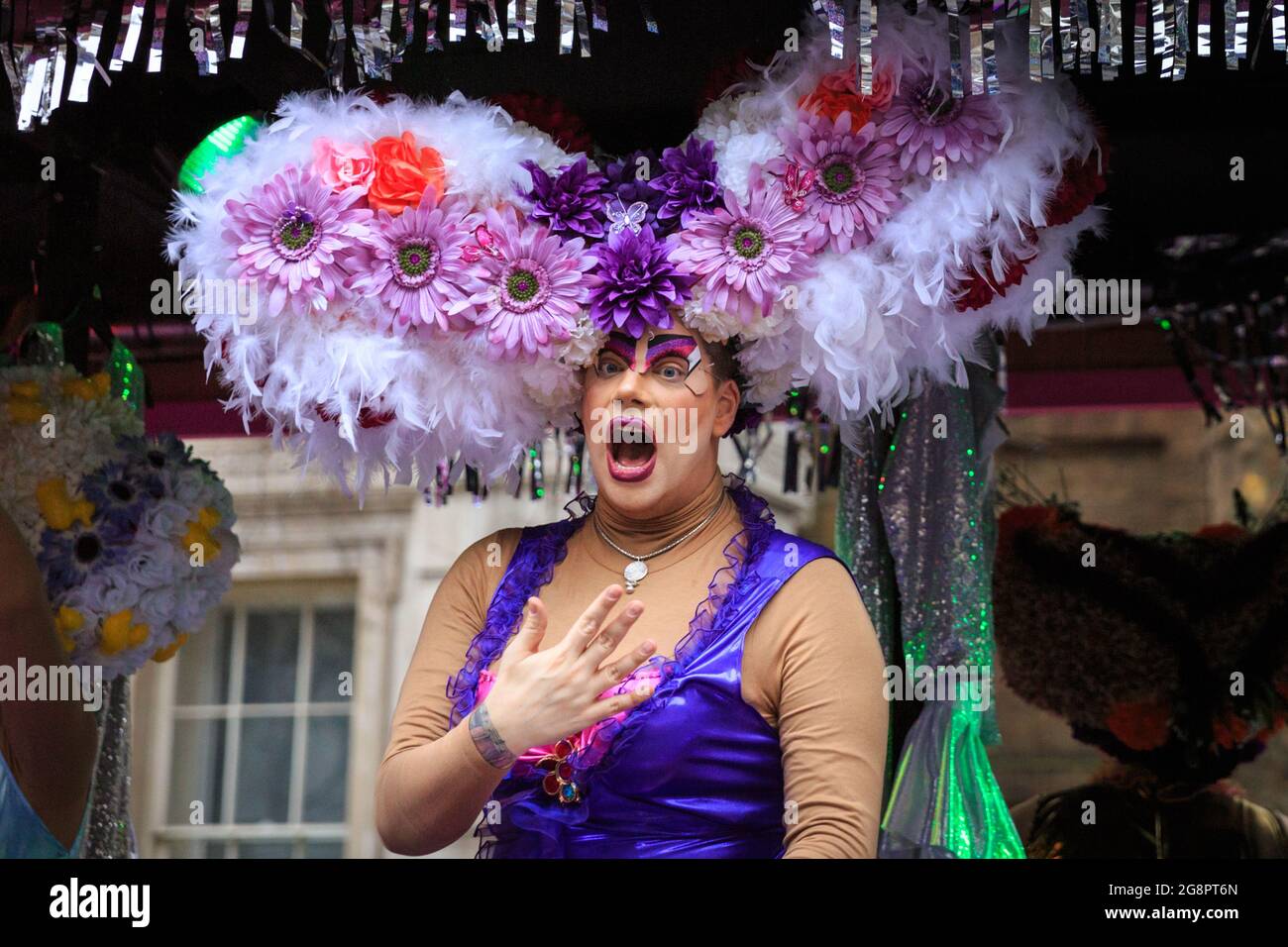 Participant in costume on the 'Priscilla, Queen of the Desert' float for the Borough of Hillingdon, London New Year's Day Parade (LNYPD), England Stock Photo