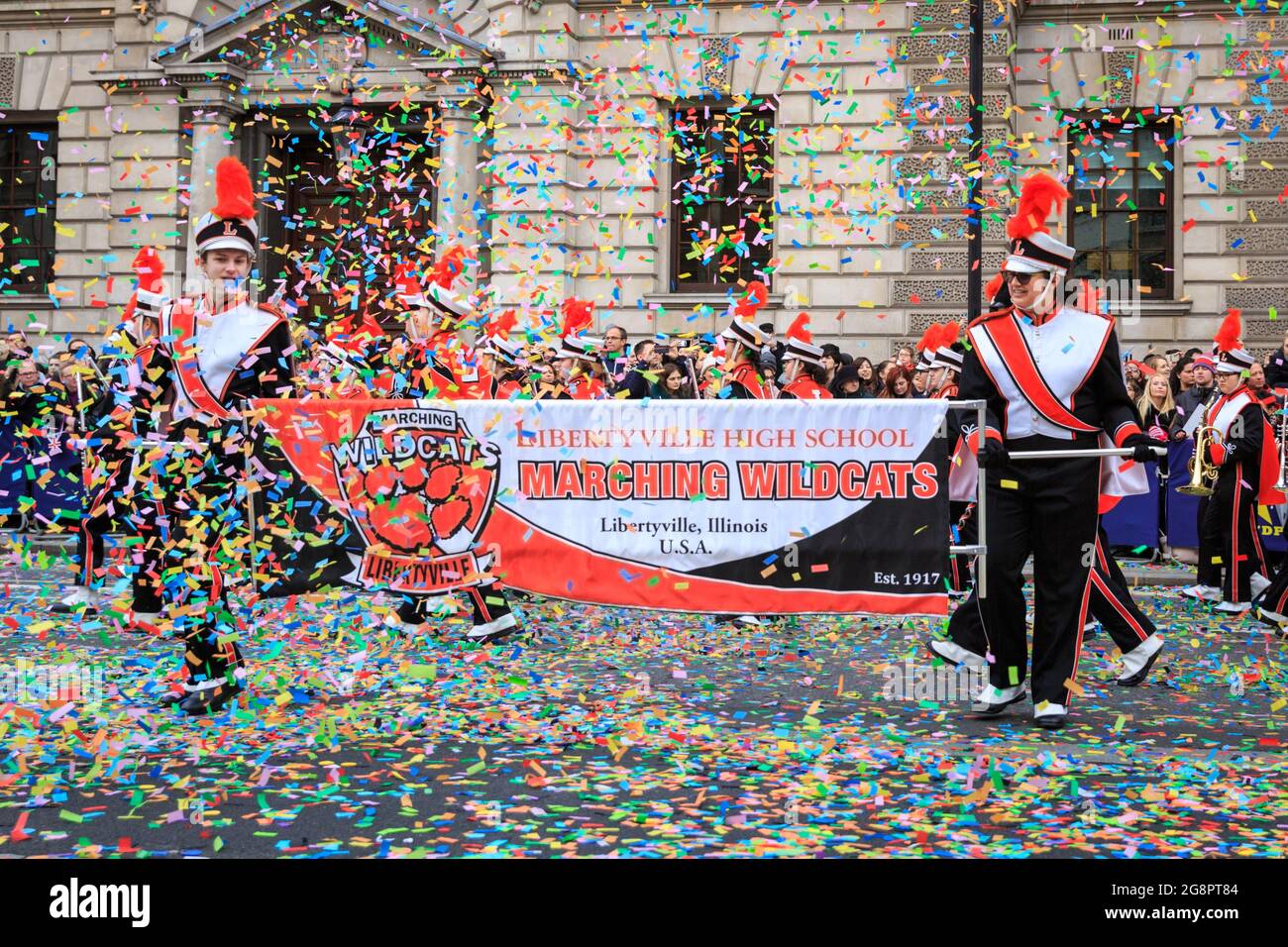 Libertyville High School Marching Wildcats, marching band perform at London New Year's Day Parade LNYDP, England, UK Stock Photo