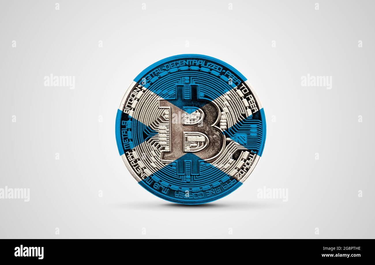 Scotland flag on a bitcoin cryptocurrency coin. 3D Rendering Stock Photo