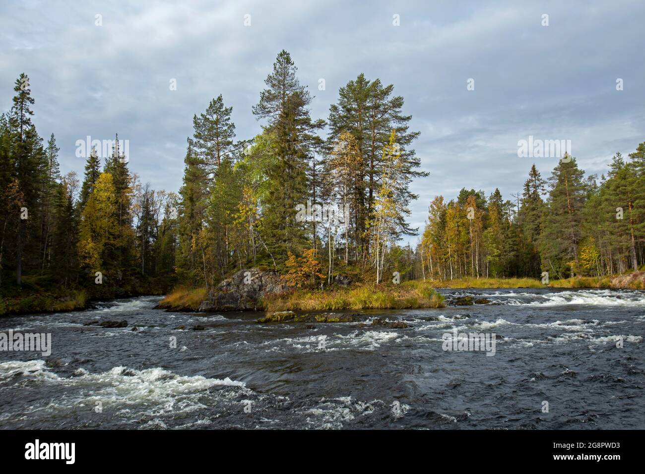Beautiful river landscape of Kitkajoki (Kitka river)  during autumn foliage in Northern Finland, Europe Stock Photo