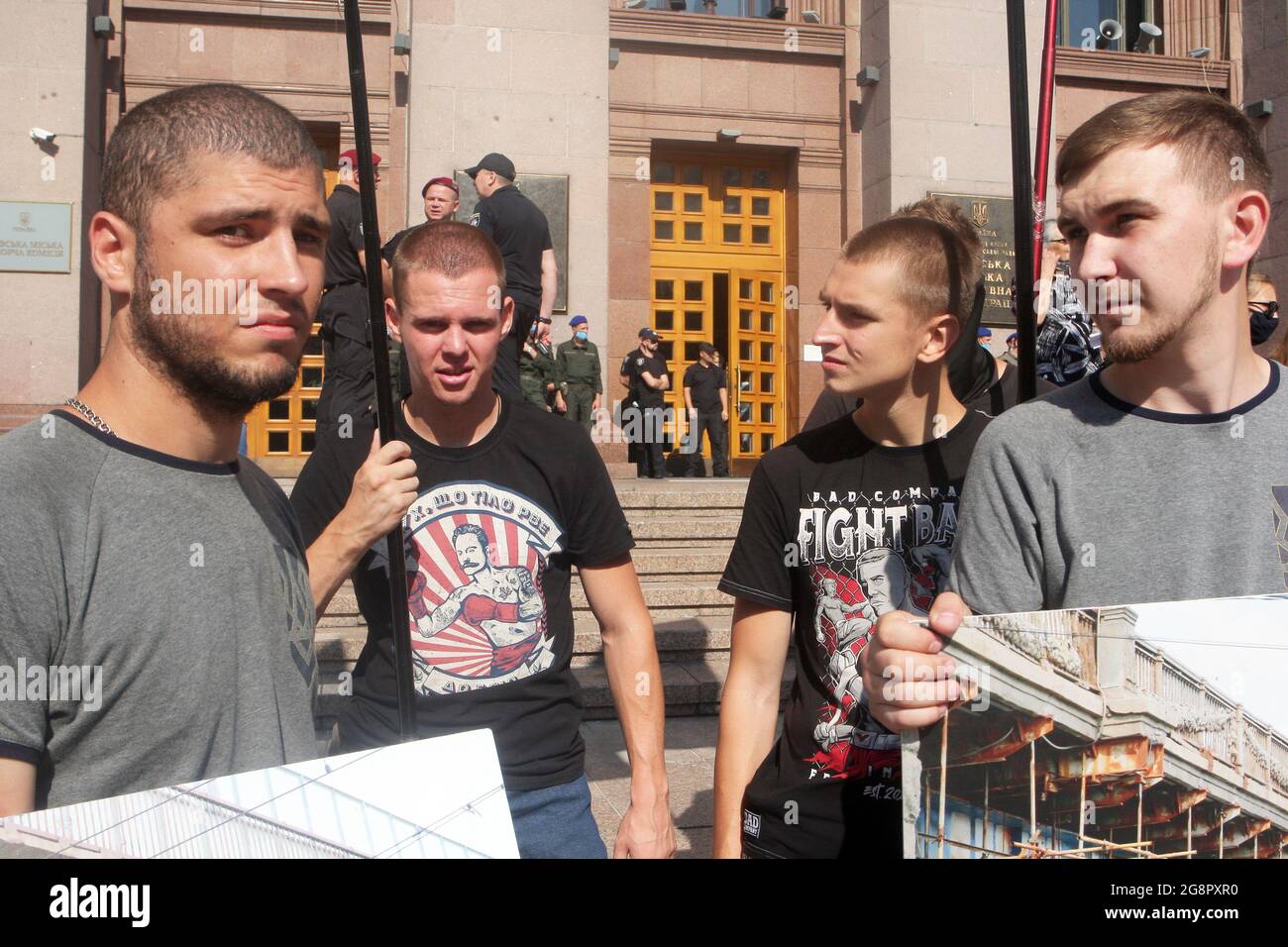 KYIV, UKRAINE - JULY 22, 2021 - Demonstrators hold the Small Business against Klitschko's MAFia protest outside the Kyiv City State Administration, Ky Stock Photo