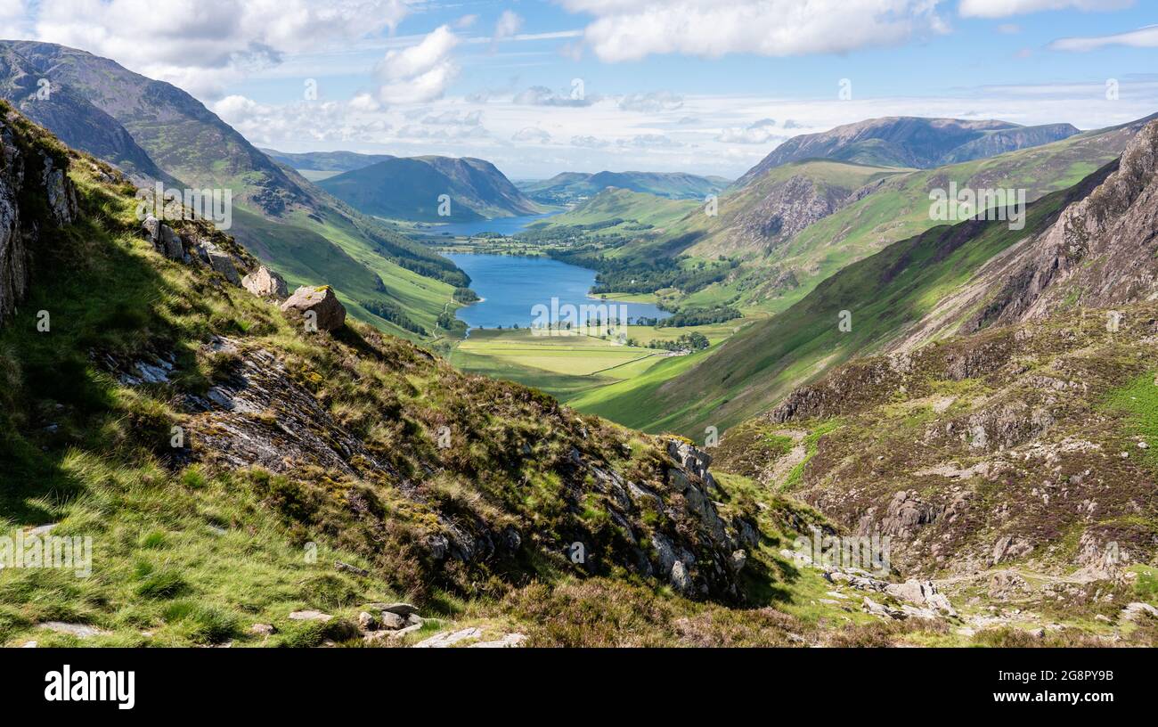 Buttermere and Crummock Water from Warnscale Beck below Haystacks in the Lake District UK Stock Photo