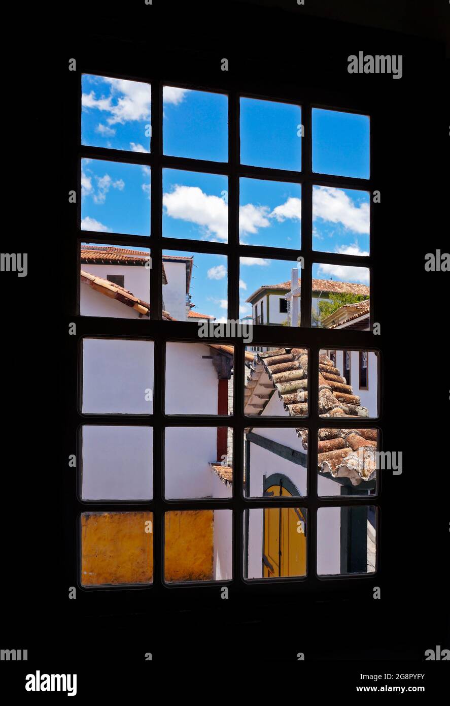 Colonial window with view of Diamantina, historical city in Brazil ...