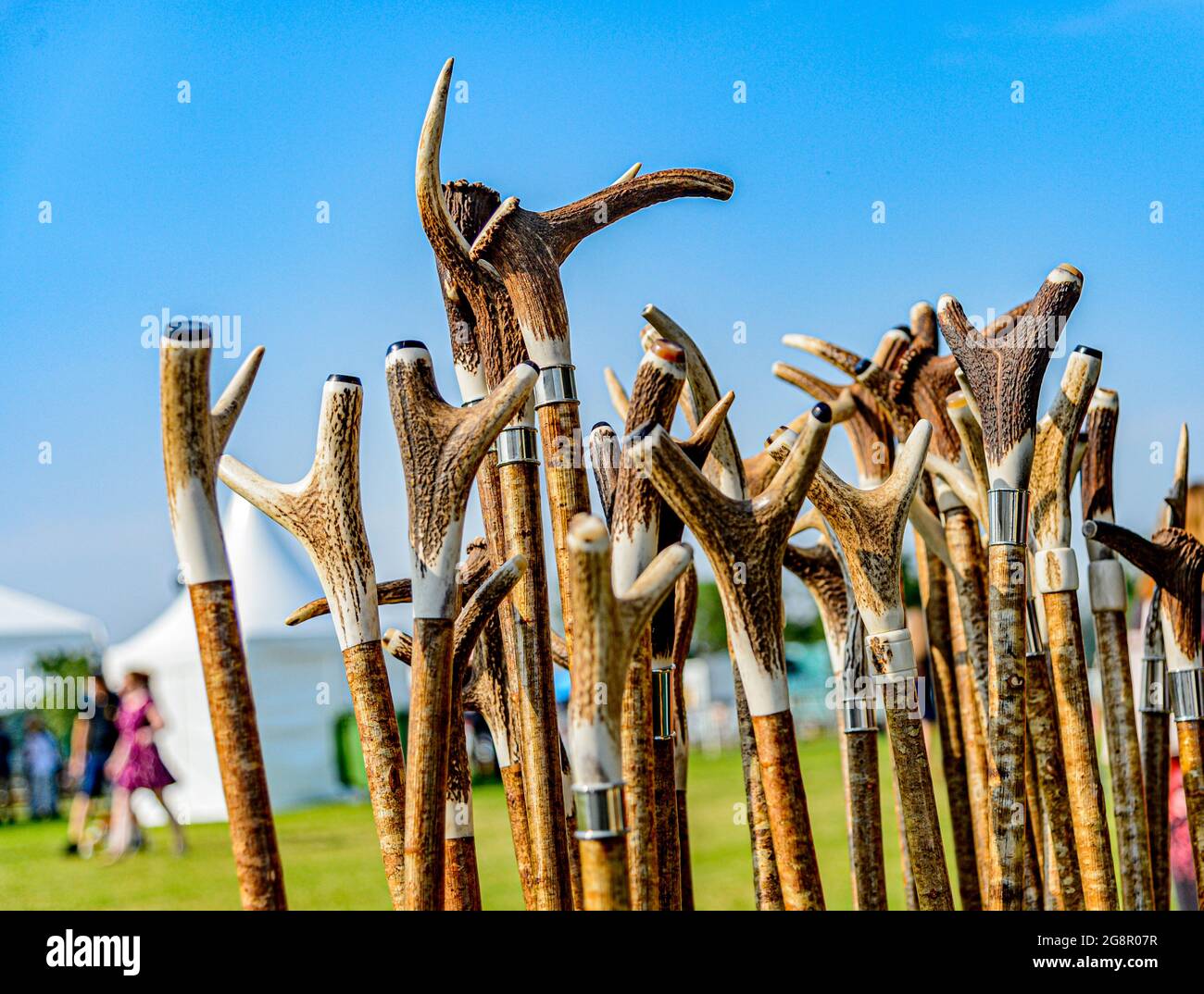 Walking sticks, in this case, thumbsticks, for sale at a country show with the top crafted from a deer's antler Stock Photo