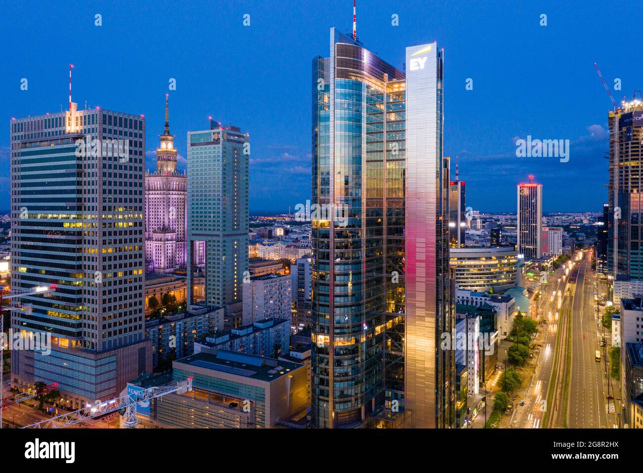 Aerial view of Warsaw city center at dusk Stock Photo