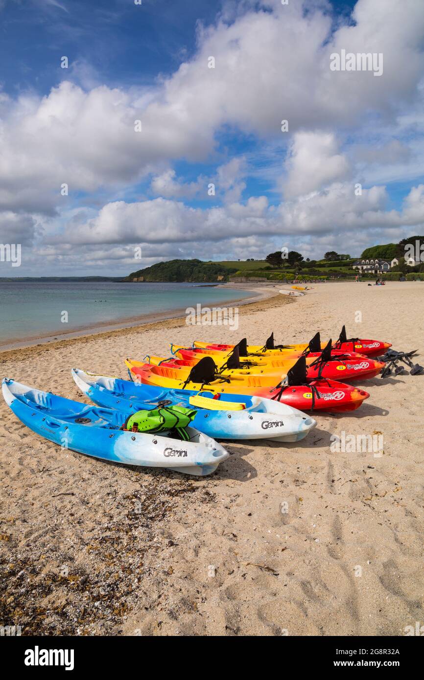 kayaks on the sand at Gyllyngvase beach, Falmouth, Cornwall UK in June Stock Photo