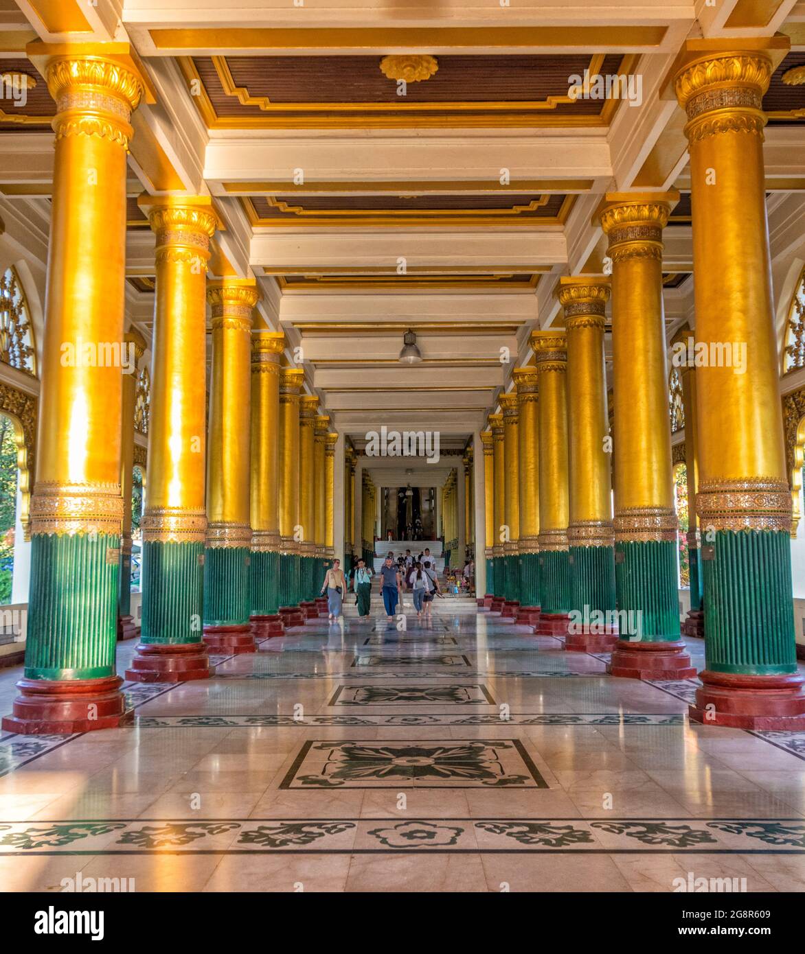 Golden pillars inside Shwedagon Pagoda in historic Temple Complex