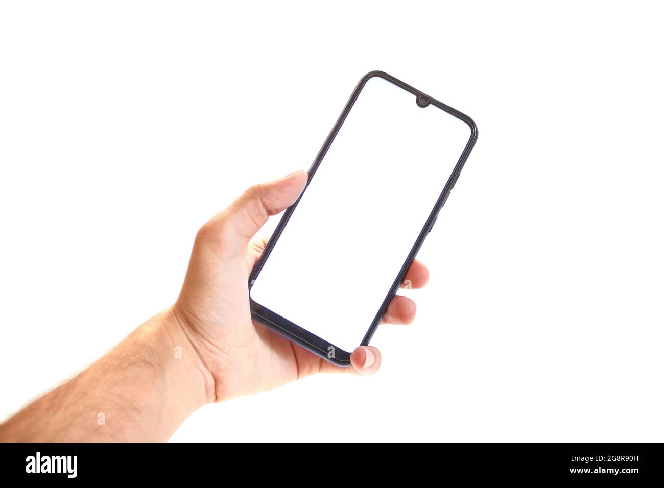 The hand holding black smartphone, blank white screen phone isolated on ...