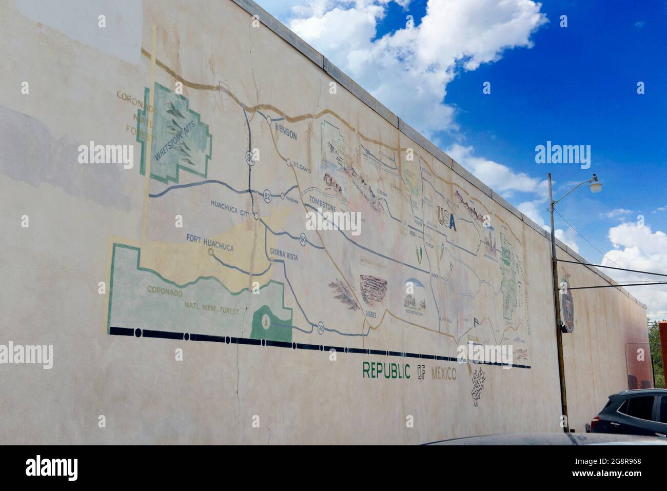 Wall mural of Southern Arizona painted on a wall in Douglas AZ Stock