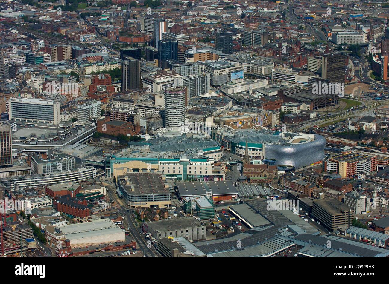 Aerial view of Birmingham showing the Rotunda and the Bull Ring Shopping Centre Stock Photo