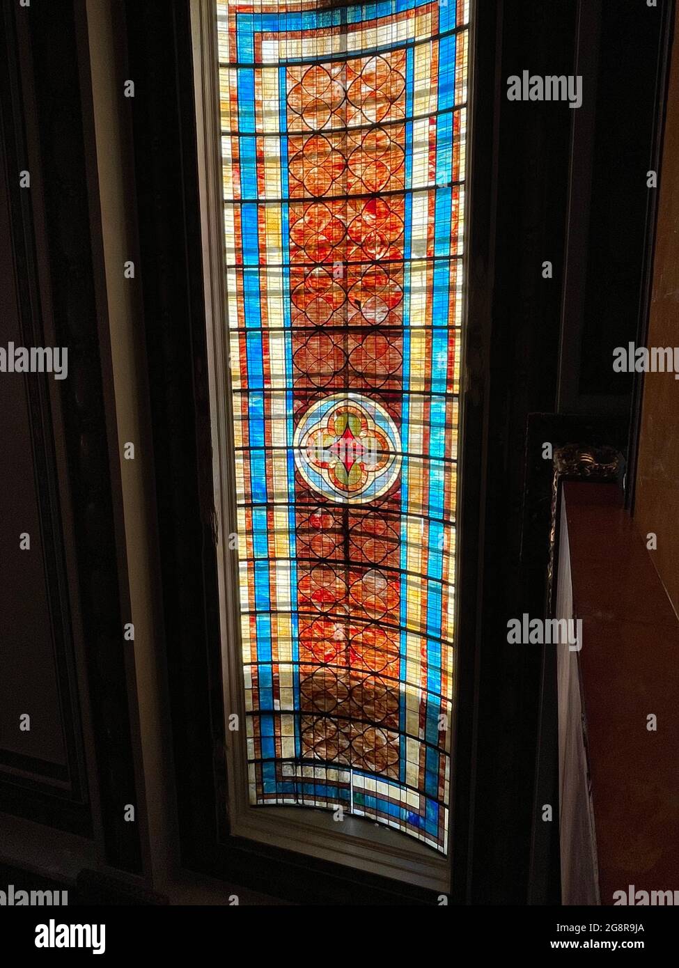 The majestic lobby stained-glass skylight inside the Gadsden hotel in downtown Douglas, Arizona Stock Photo