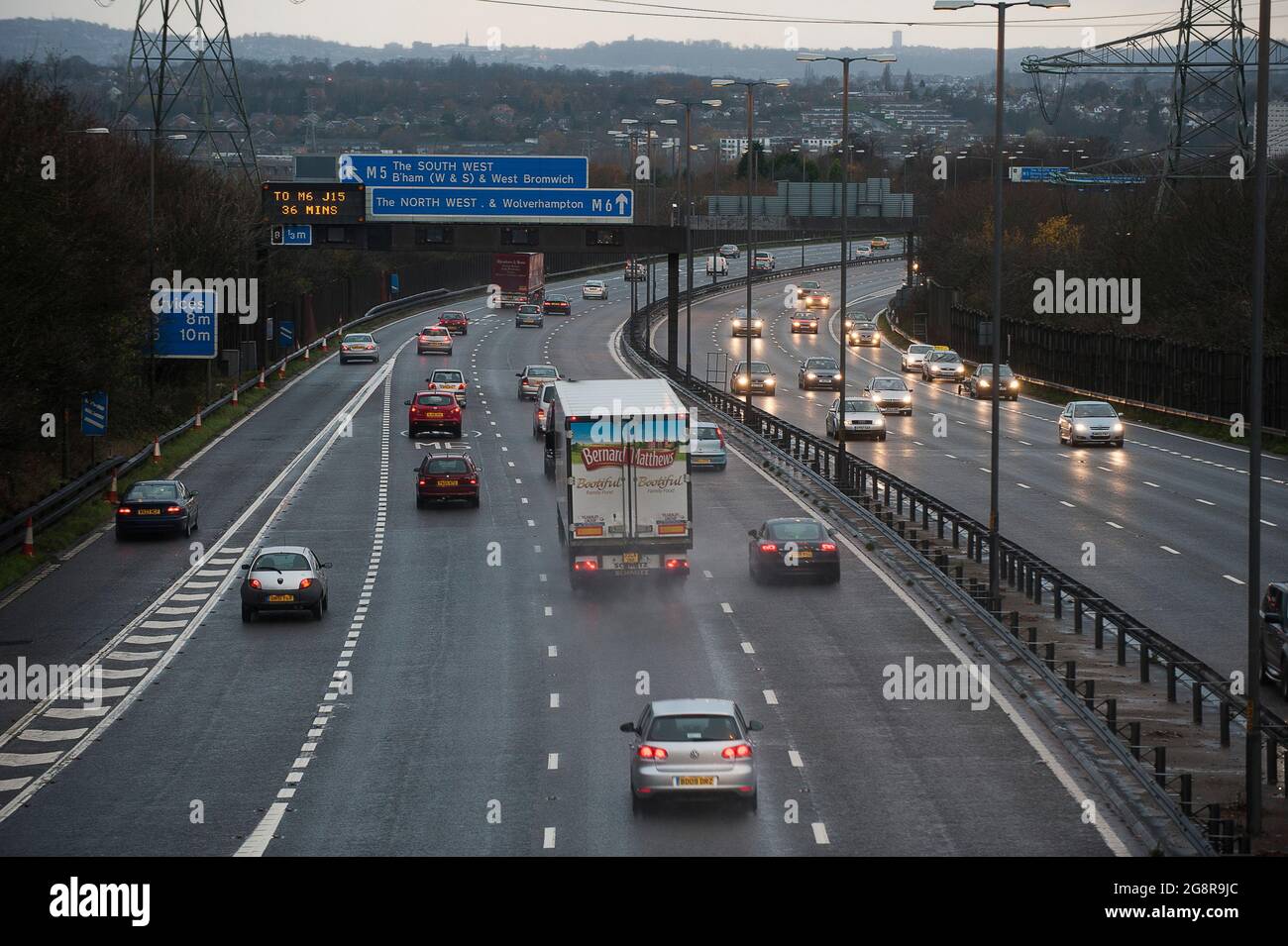 The M6 motorway near Great Barr during heavy rain at night. poor driving conditions weather bad