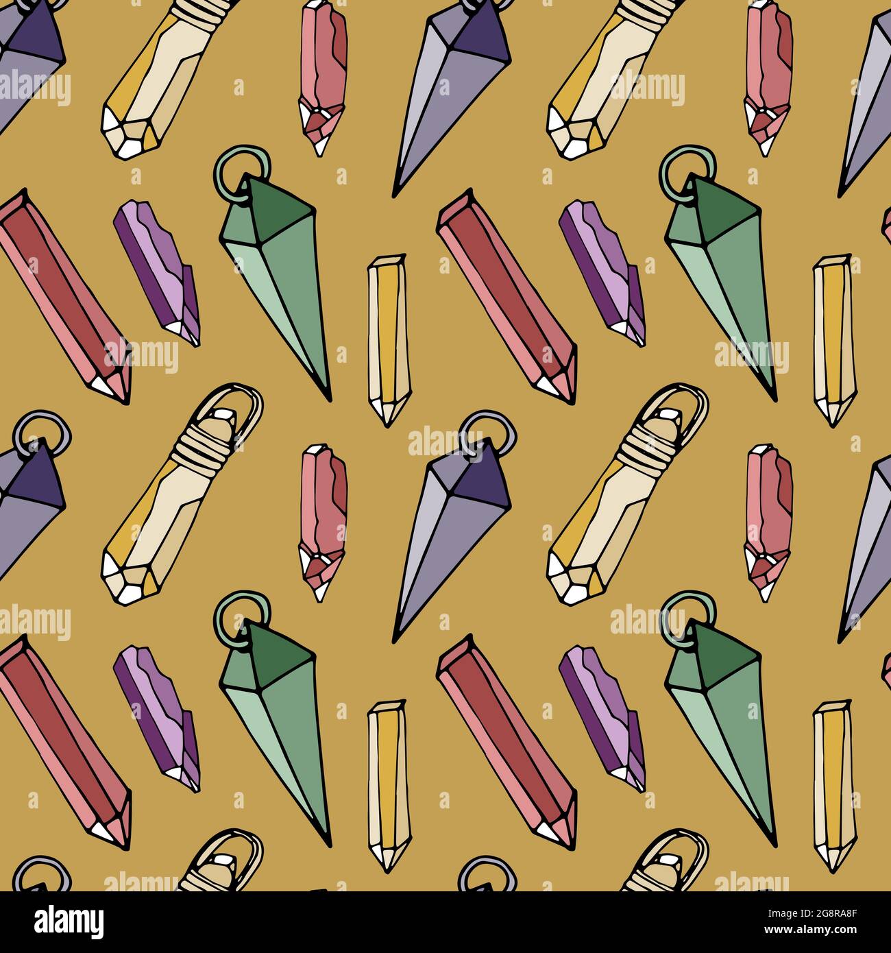 Seamless pattern with hand drawn colorful crystals and pendants on gold ...