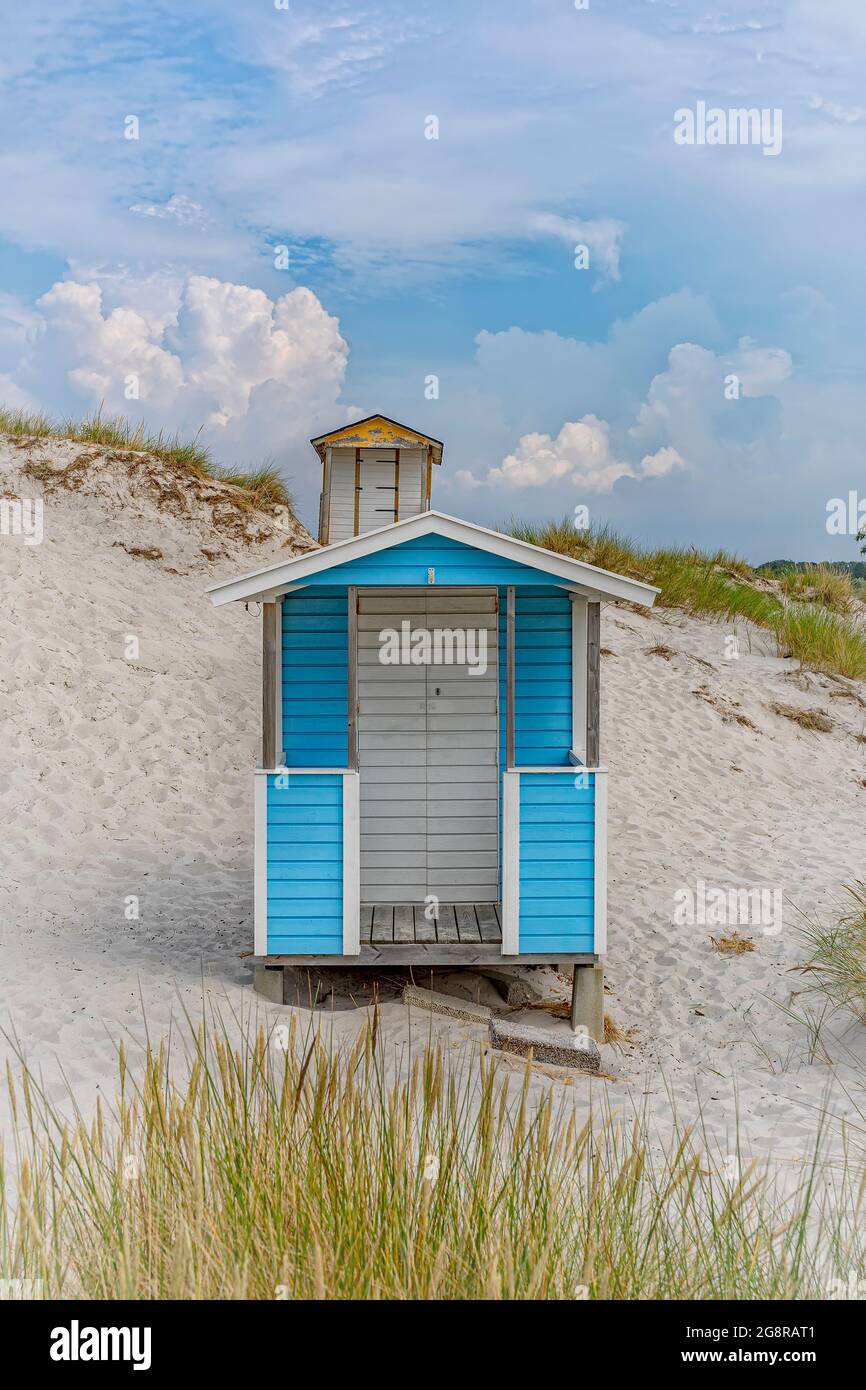 The colourful huts at skanor white sand beach in the skane region of Sweden. Stock Photo
