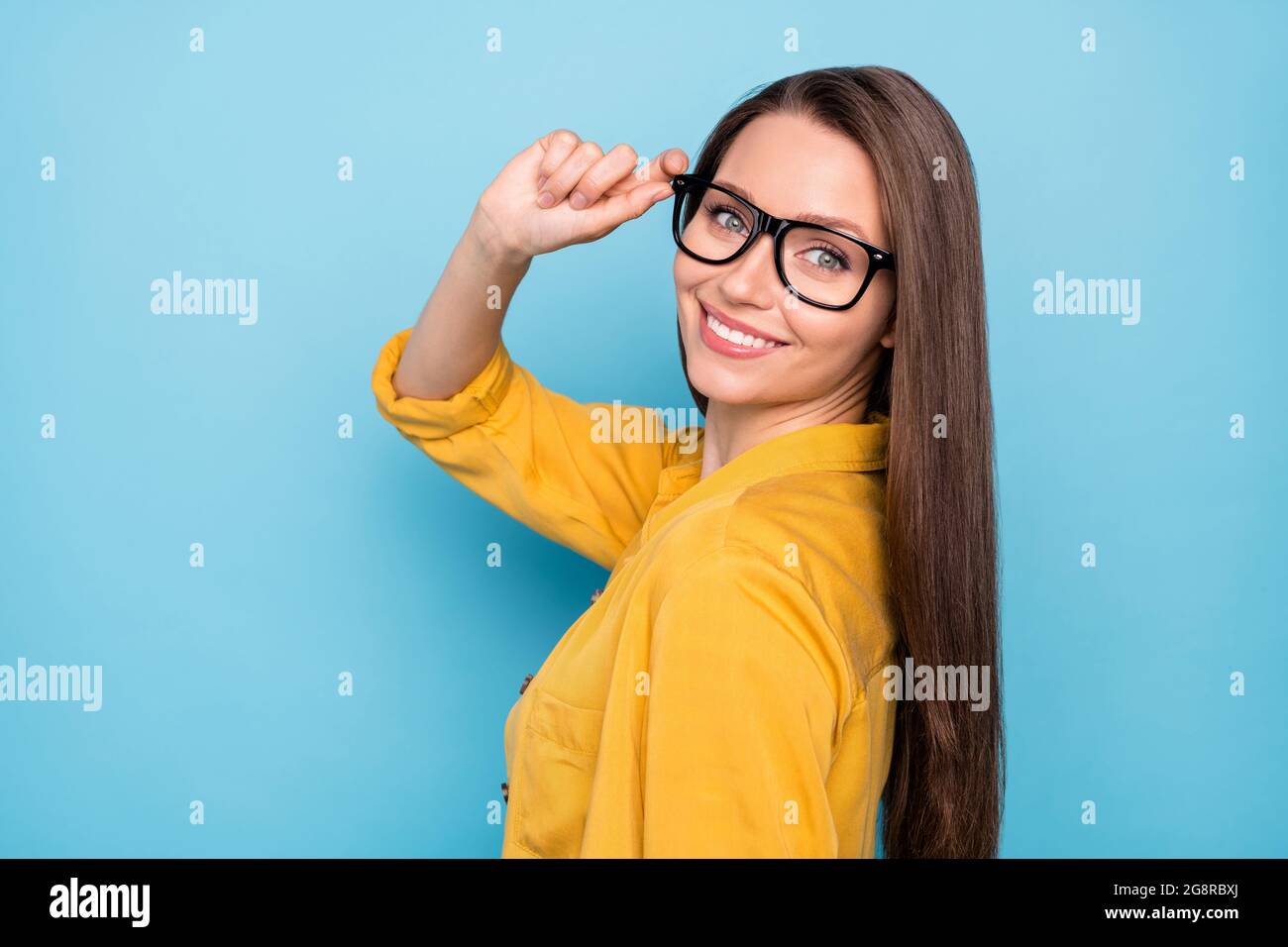 Profile side photo of young attractive pretty girl happy positive smile ...