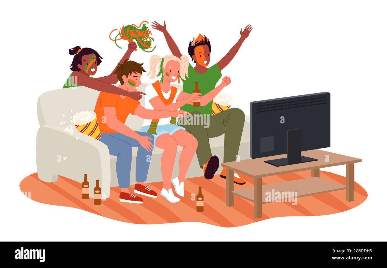 Friend people fans watching soccer match on tv, cheer for national football team Stock Vector