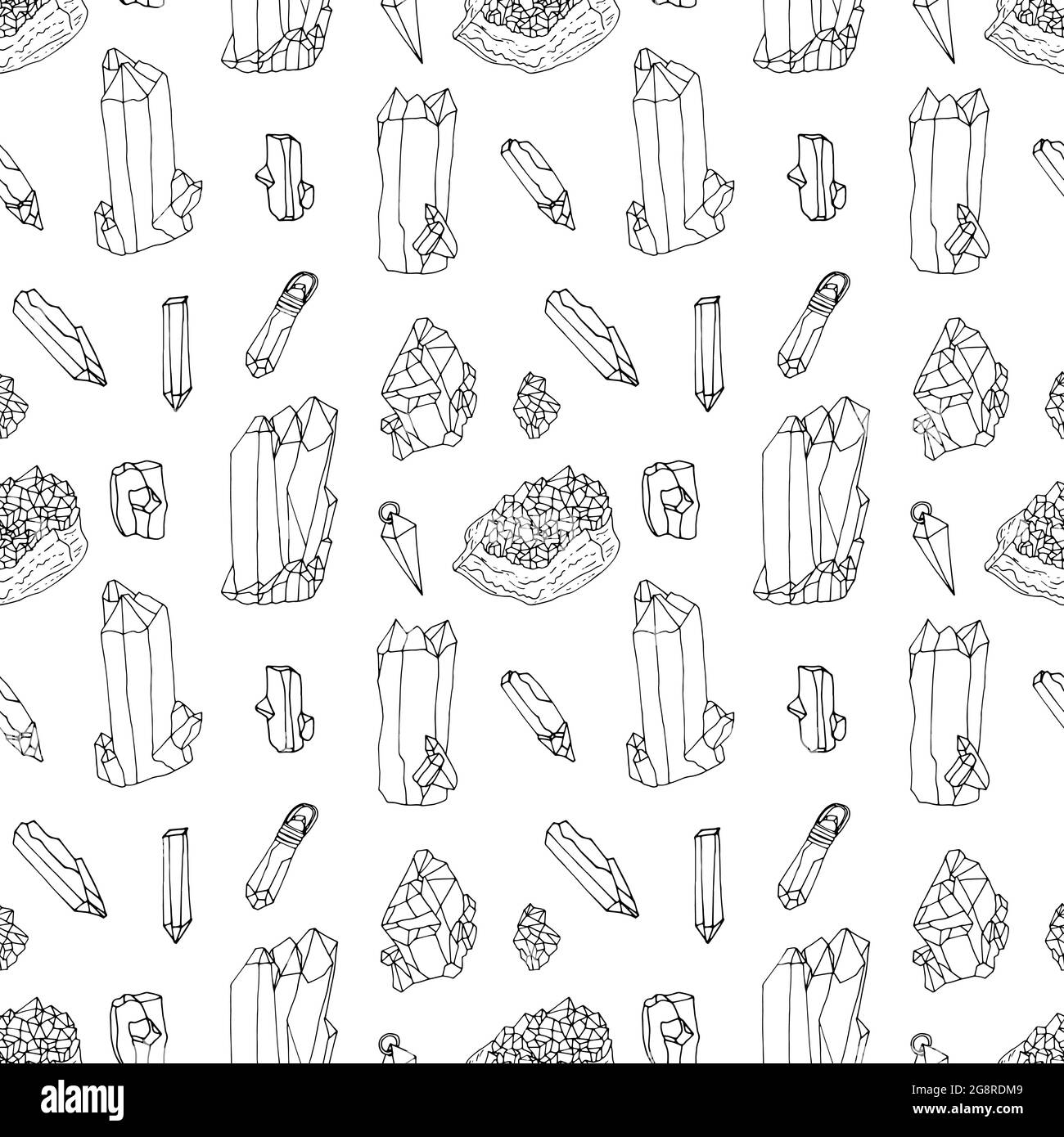 Seamless pattern with hand drawn monochrome black crystals and pendants ...