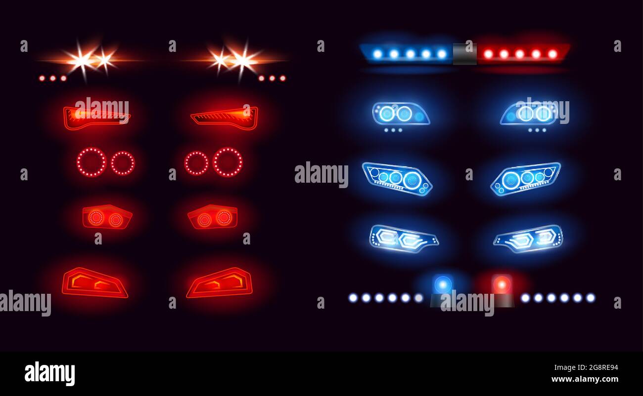 Car headlights bar, led automobile light. Realistic auto lights front view collection with glowing effect in night, bright red blue lamps on vehicle Stock Vector