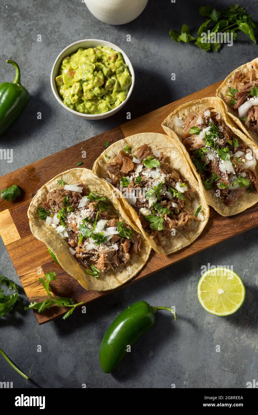 Homemade Pork Carnitas Tacos with Cilantro and Onion Stock Photo