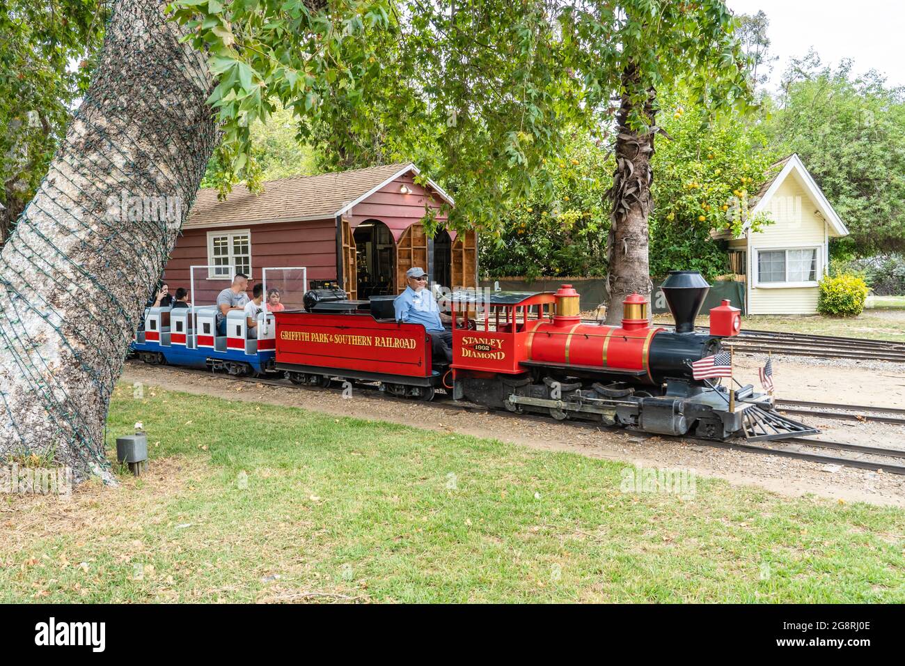 Train ride on miniature train at Travel Town Railroad and museum in