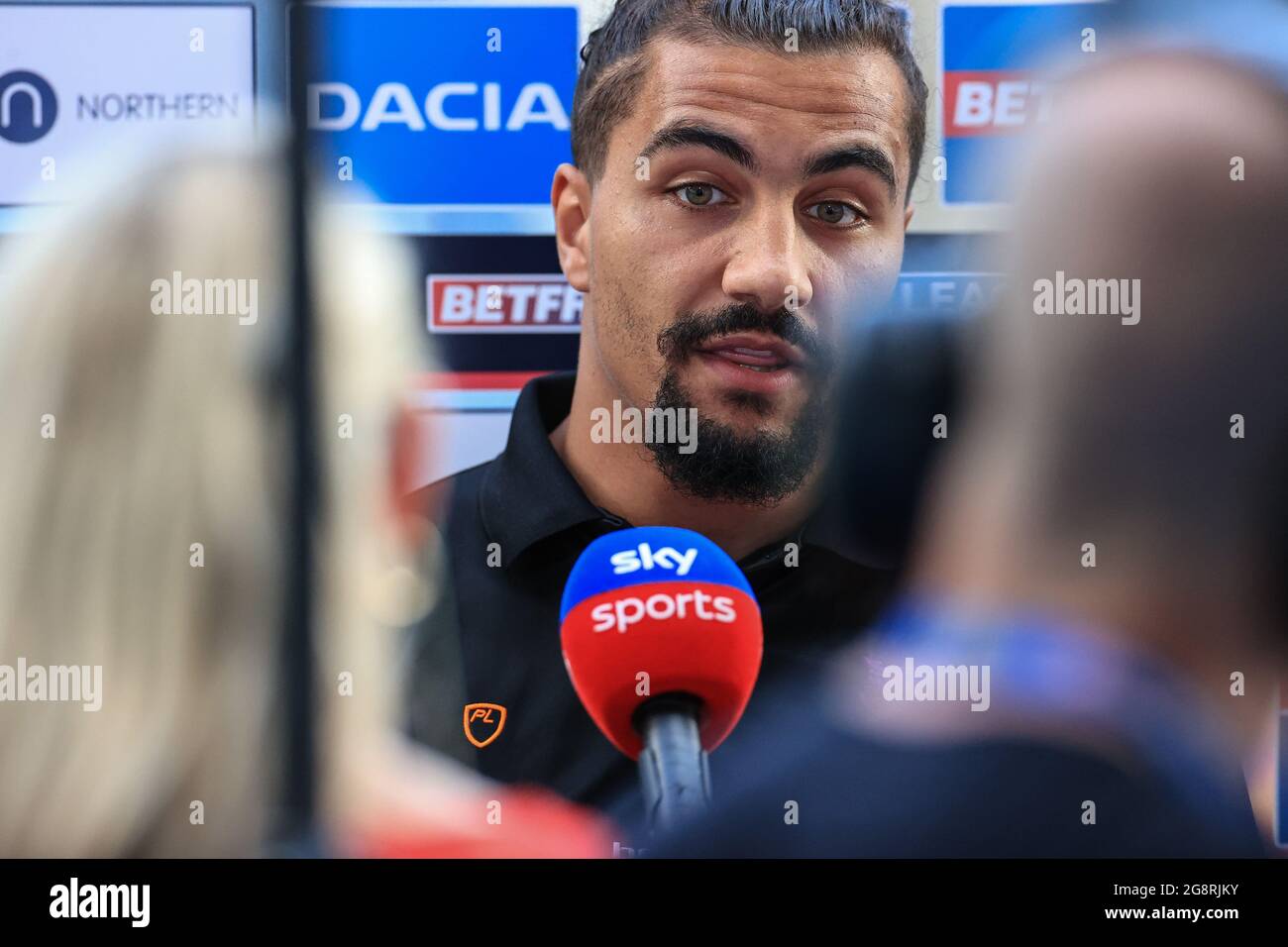 Huddersfield, UK. 22nd July, 2021. Ashton Golding (1) of Huddersfield Giants is interviewed by Sky Sports Jenna Brooks about todays news that Australia and New Zealand have pulled out of the 2021 Rugby League World Cup. in Huddersfield, United Kingdom on 7/22/2021. (Photo by Mark Cosgrove/News Images/Sipa USA) Credit: Sipa USA/Alamy Live News Stock Photo