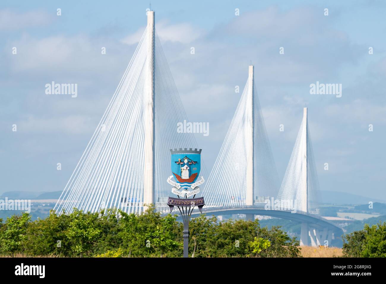 Queensferry road sign with the Queensferry Crossing bridge behind, South Queensferry, Scotland, UK Stock Photo