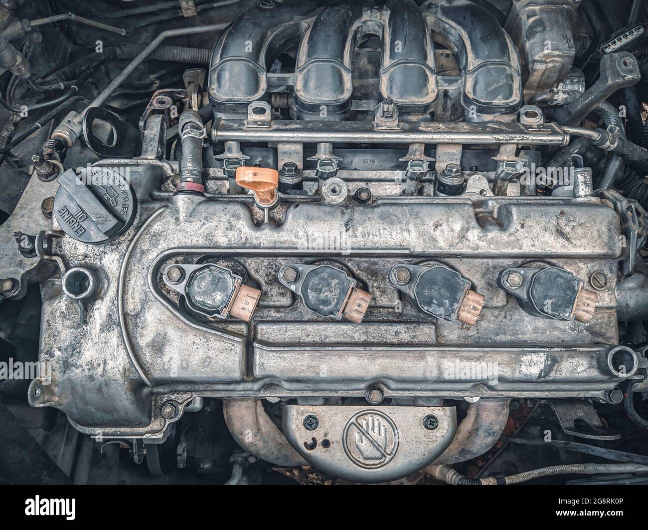 Top view of the engine and other parts of a modern car under the hood