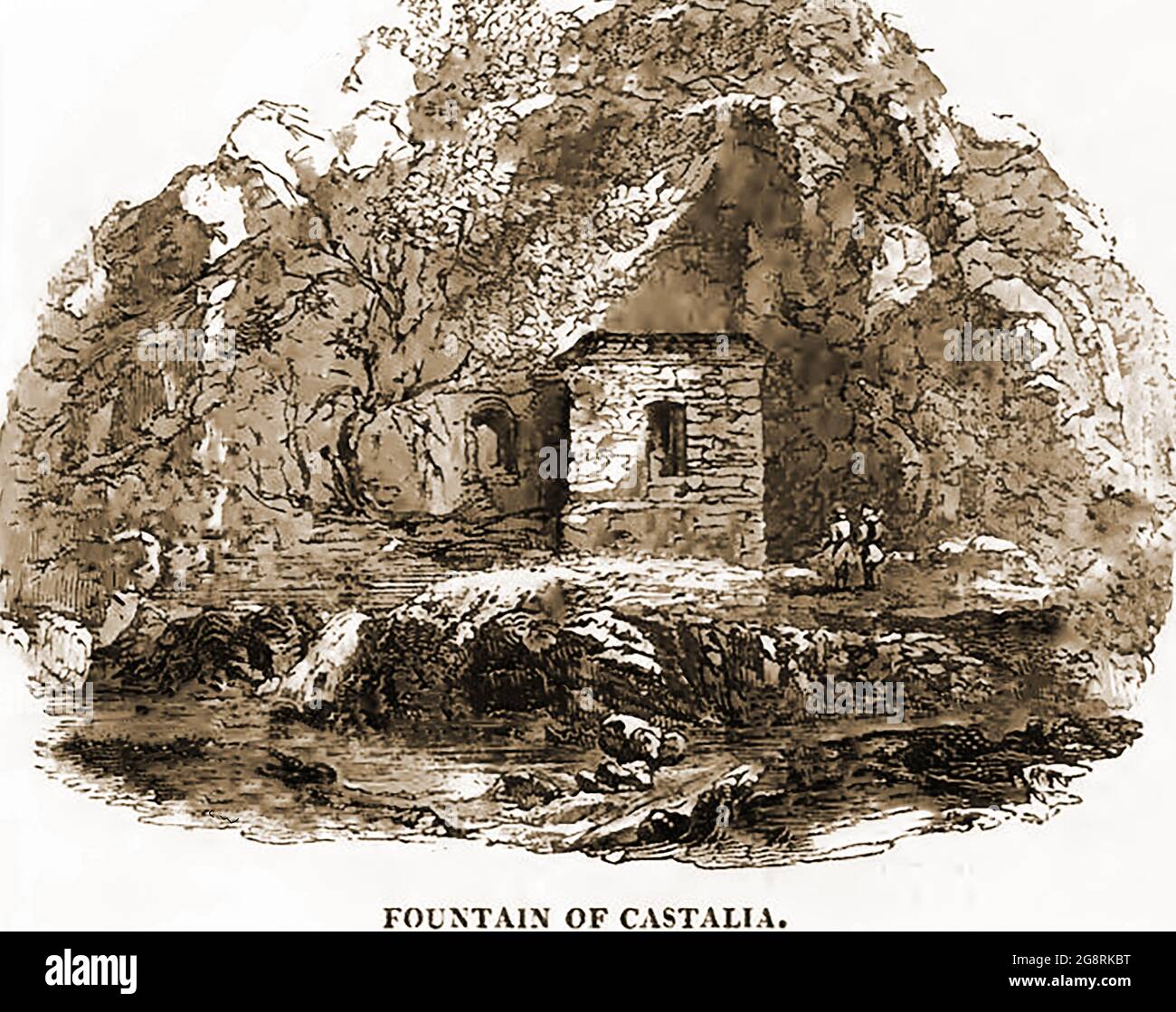 An old engraving depicting the 'Fountain of Castallana Ruins' given without description of its location.  Though there is a fountain of this name in Spain and in Sicily also, the most likely location appears to be in or near the modern entrance to the Caves of Castellana, (Grotte di Castellana) ,Italy rediscovered in 1938 by the speleologist Franco Anelli. It contains spectacular chambers known as  the She-Wolf, the Monuments, the Owl, the Little Virgin Mary, the Altar, the Precipice, the Desert Corridor, the Reverse Column, the Red Corridor, the Dome and  the White Cave. Stock Photo