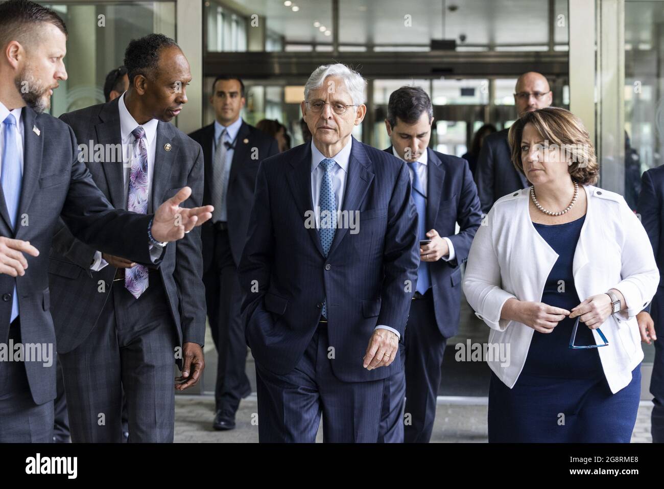 US Attorney General Merrick Garland (C), along with Deputy Attorney General Lisa Monaco (R), and Acting Alcohol, Tobacco and Firearms (ATF) Director Marvin G. Richardson (C-L), departs after announcing the launch of the Justice Department's 'five cross-jurisdictional trafficking strike forces' at the ATF in Washington, DC, USA, 22 July, 2021. The strike forces will seek to reduce firearms trafficking corridors, with a focus on New York, Chicago, Los Angeles, the San Francisco Bay and Sacramento Region, and Washington, DC. Pool Photos by Jim Lo Scalzo/UPI Stock Photo